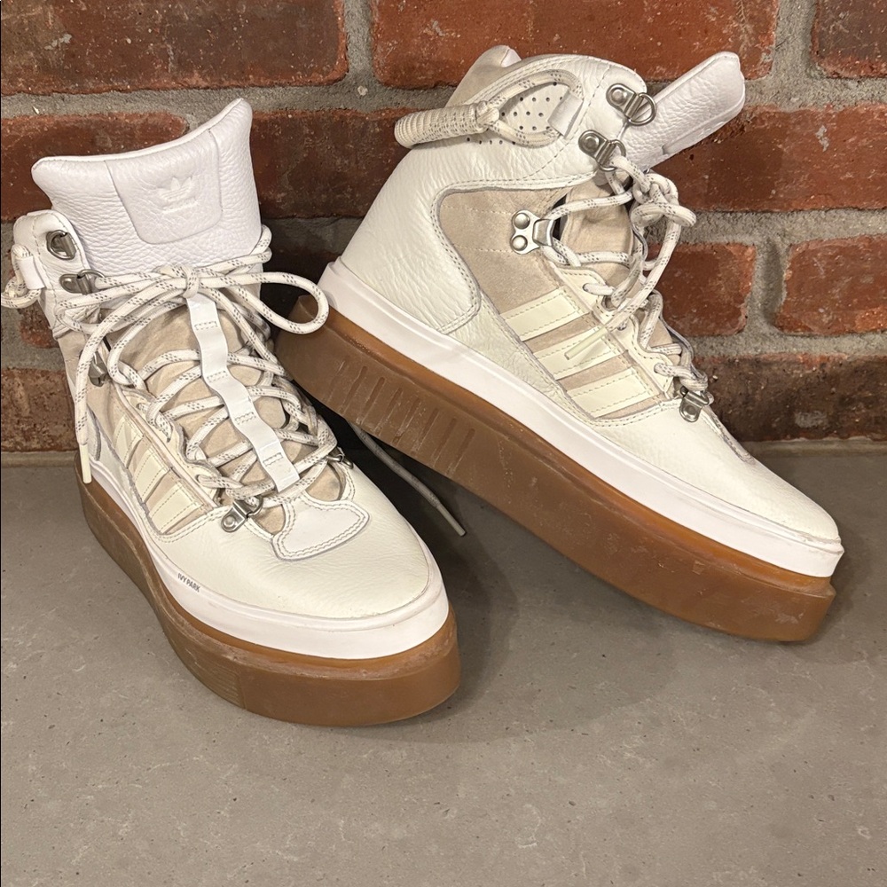 adidas Cream Leather Platform Ankle Boots with Gum Sole